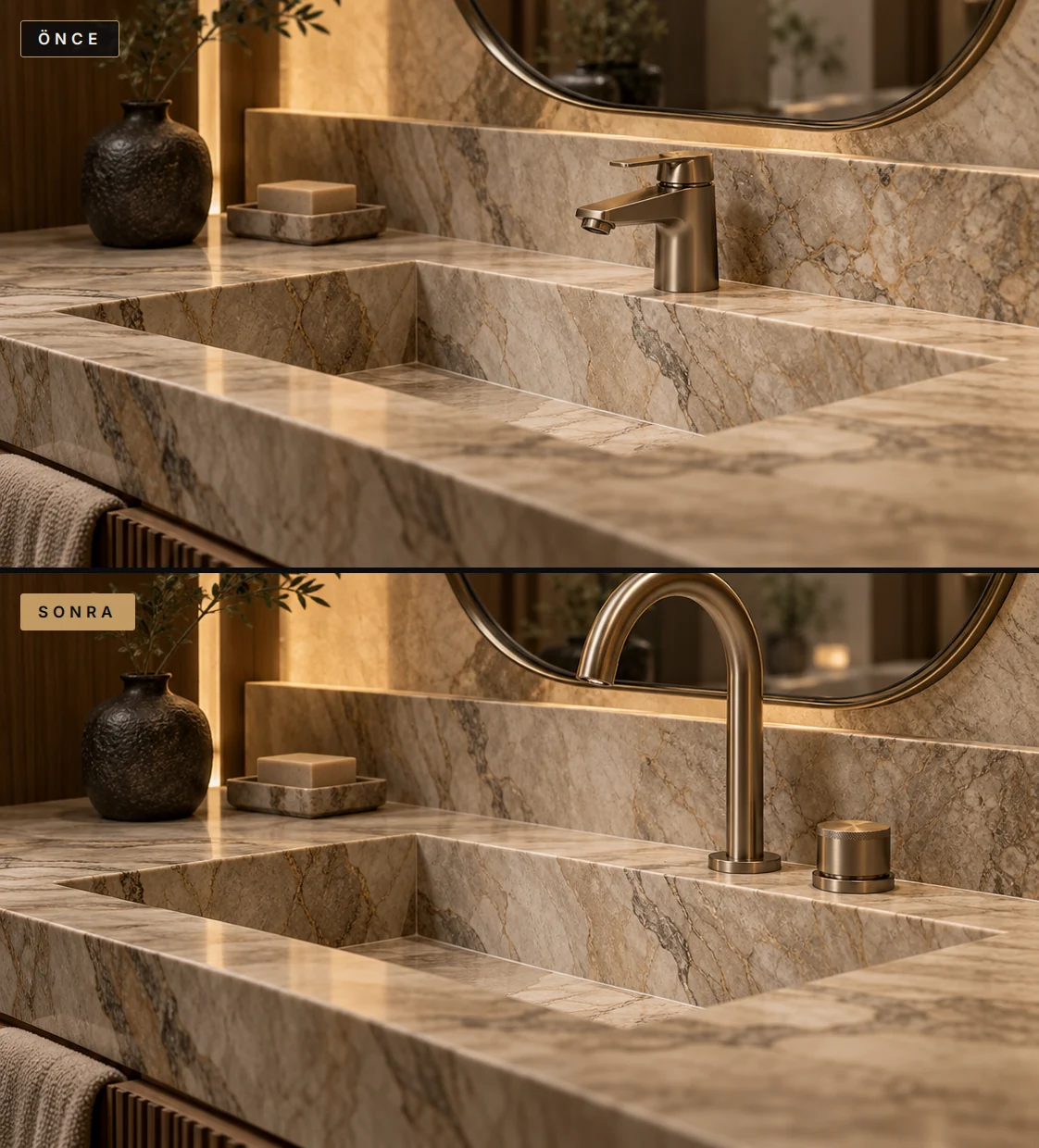 Standart lavabo bataryası ile yüksek kavisli ve ayrı kumandalı bataryanın önce ve sonra karşılaştırması