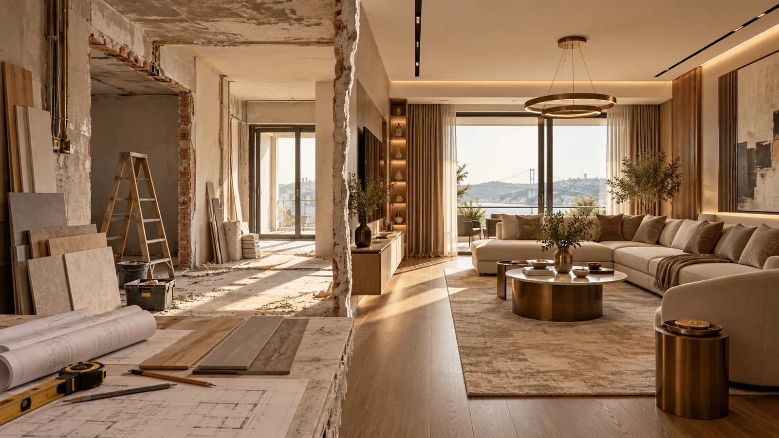 Bir yanı söküm aşamasında, diğer yanı tamamlanmış salon olan dairenin tadilat öncesi ve sonrası konsept görseli