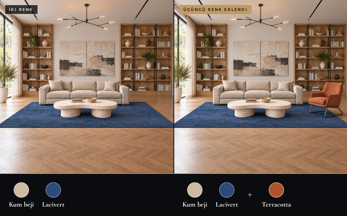 Kum beji koltuk ve lacivert halılı salon konsepti, terracotta tekli koltuk eklenmiş hâliyle yan yana