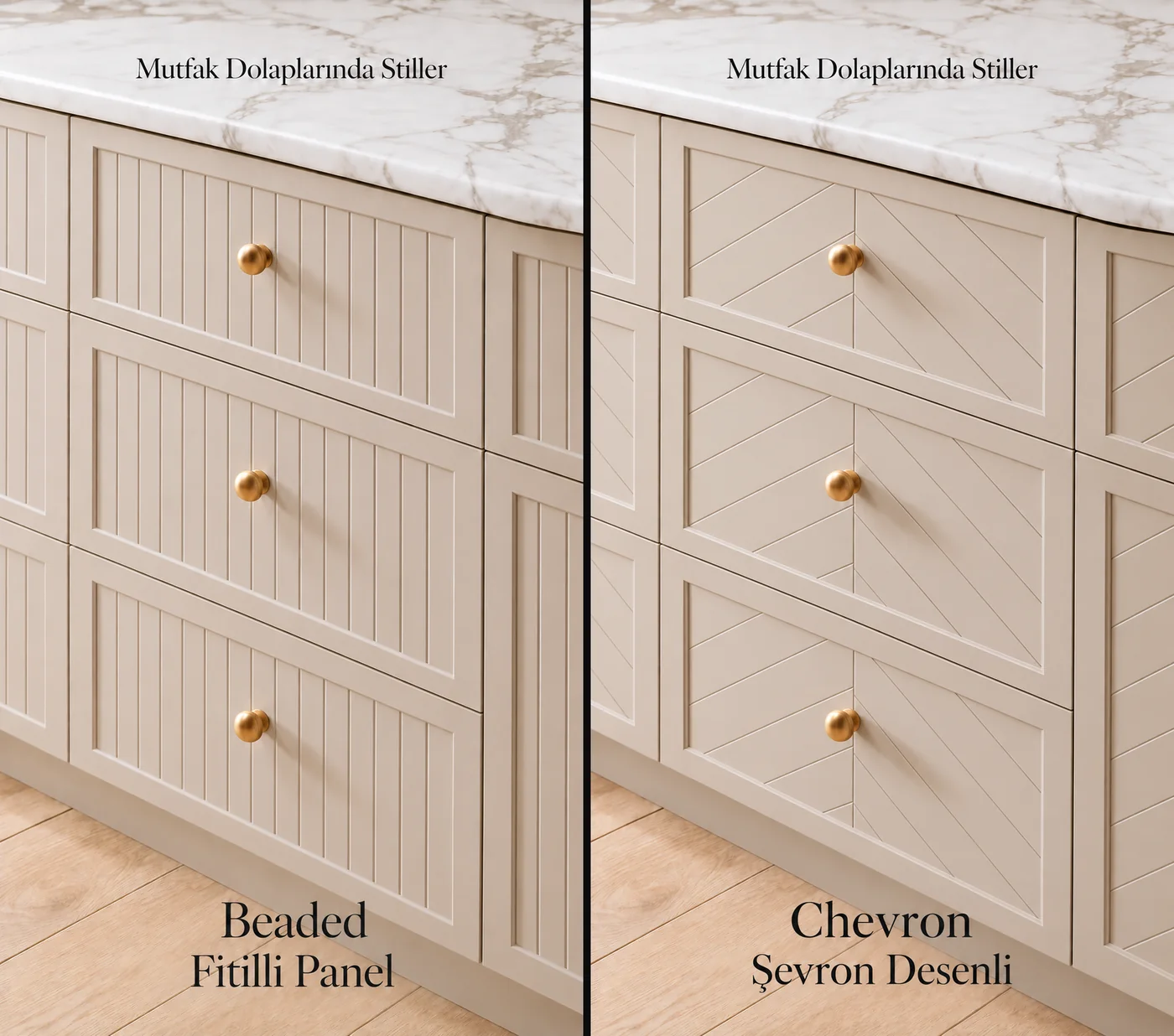 Fitilli panel (Beaded) ve şevron desenli (Chevron) kapak profillerine sahip mutfak çekmeceleri