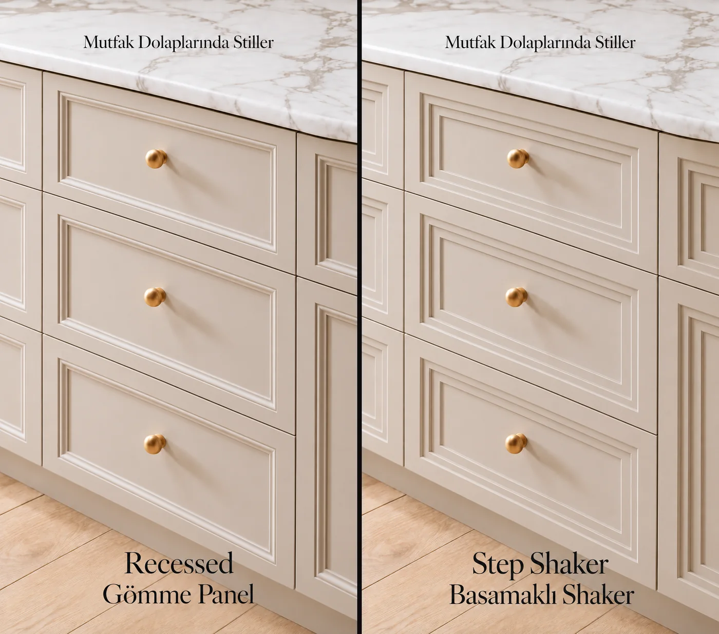 Gömme panel (Recessed) ve basamaklı Step Shaker kapak profillerine sahip mutfak çekmeceleri