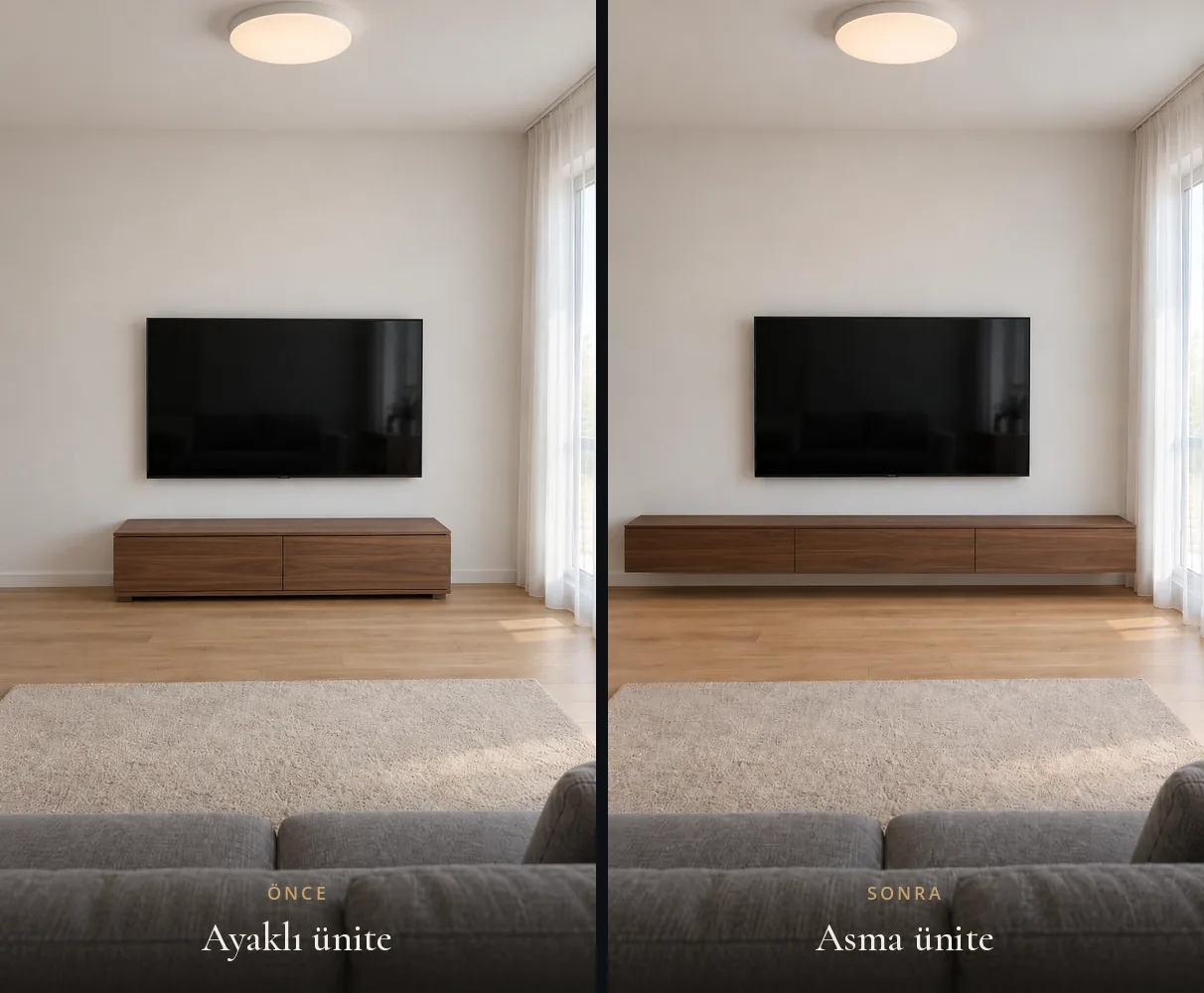 Ayaklı ceviz TV ünitesi ile duvar boyunca uzanan asma ceviz TV ünitesinin önce ve sonra karşılaştırması