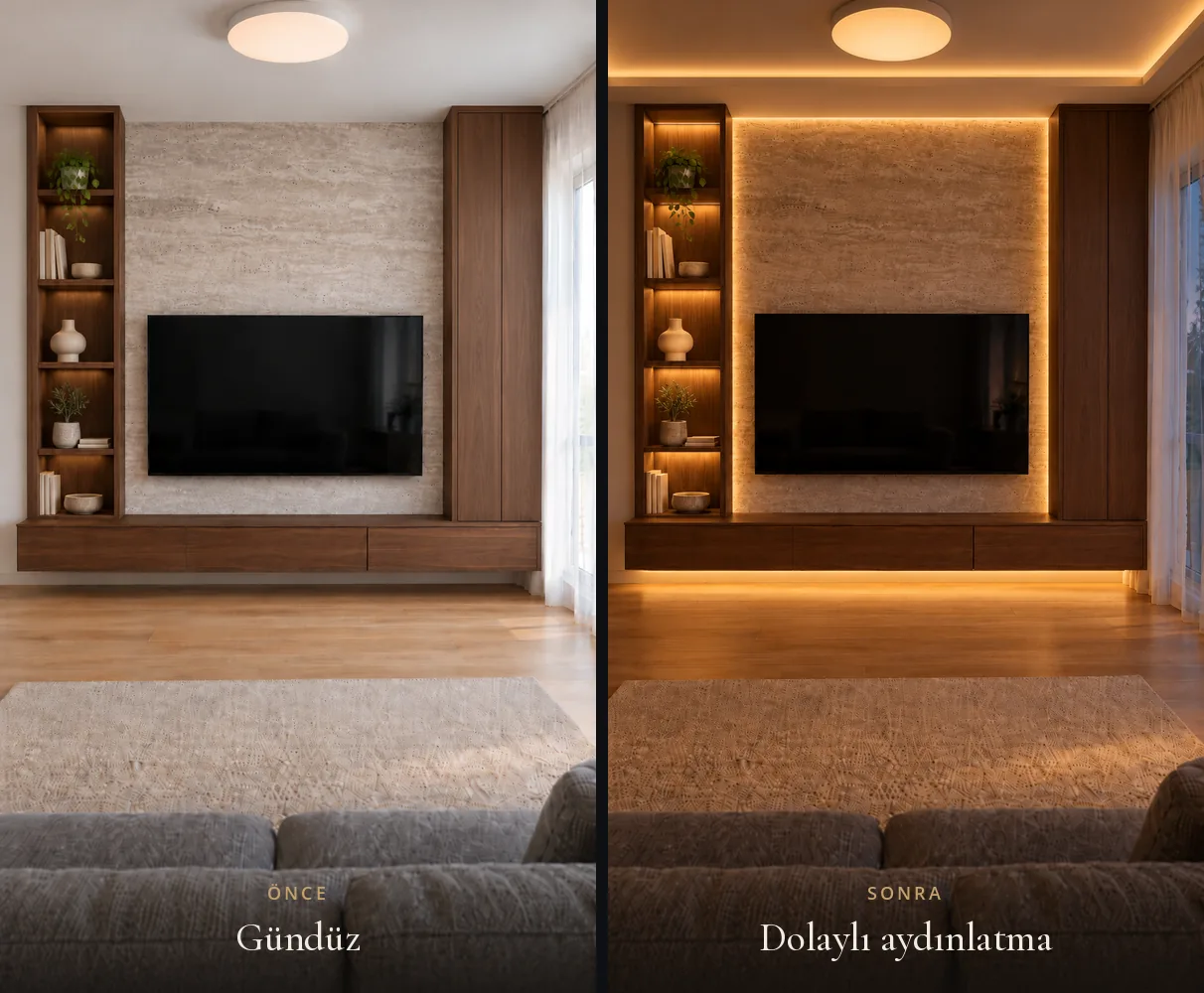 Gün ışığındaki TV duvarı ile panel kenarı, ünite altı, raf içi ve tavan bandından dolaylı aydınlatma yapılmış akşam halinin önce ve sonra karşılaştırması