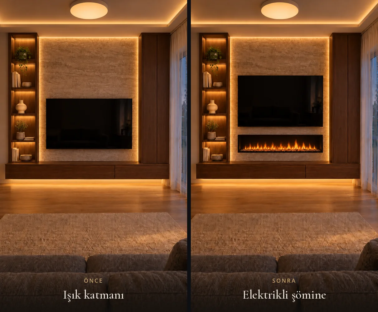 Dolaylı aydınlatmalı TV duvarı ile ekranın altına lineer elektrikli şömine eklenmiş halinin önce ve sonra karşılaştırması