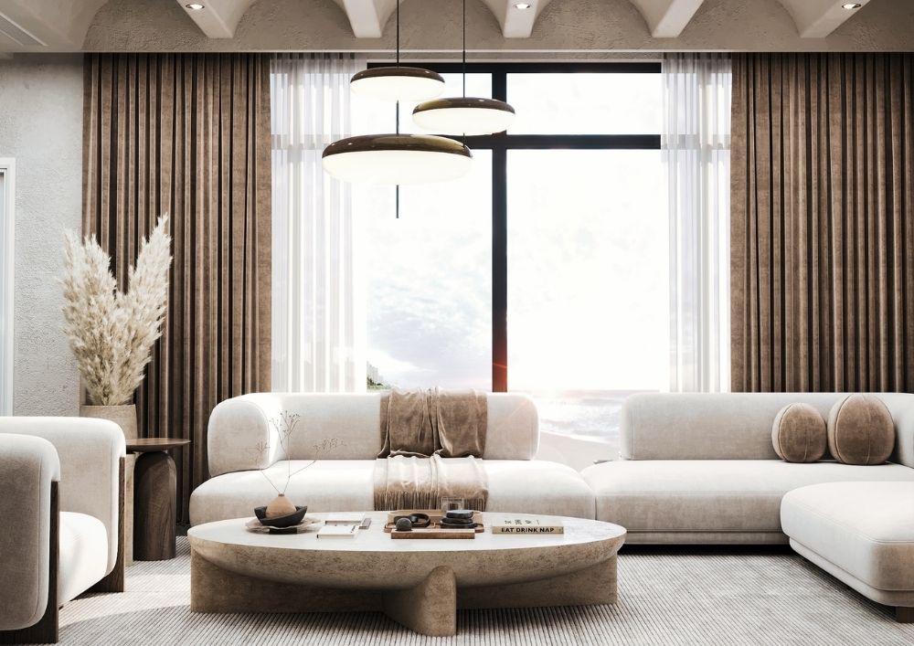 Bodrum villa projesinde açık planlı yaşam alanı ve yemek bölümü