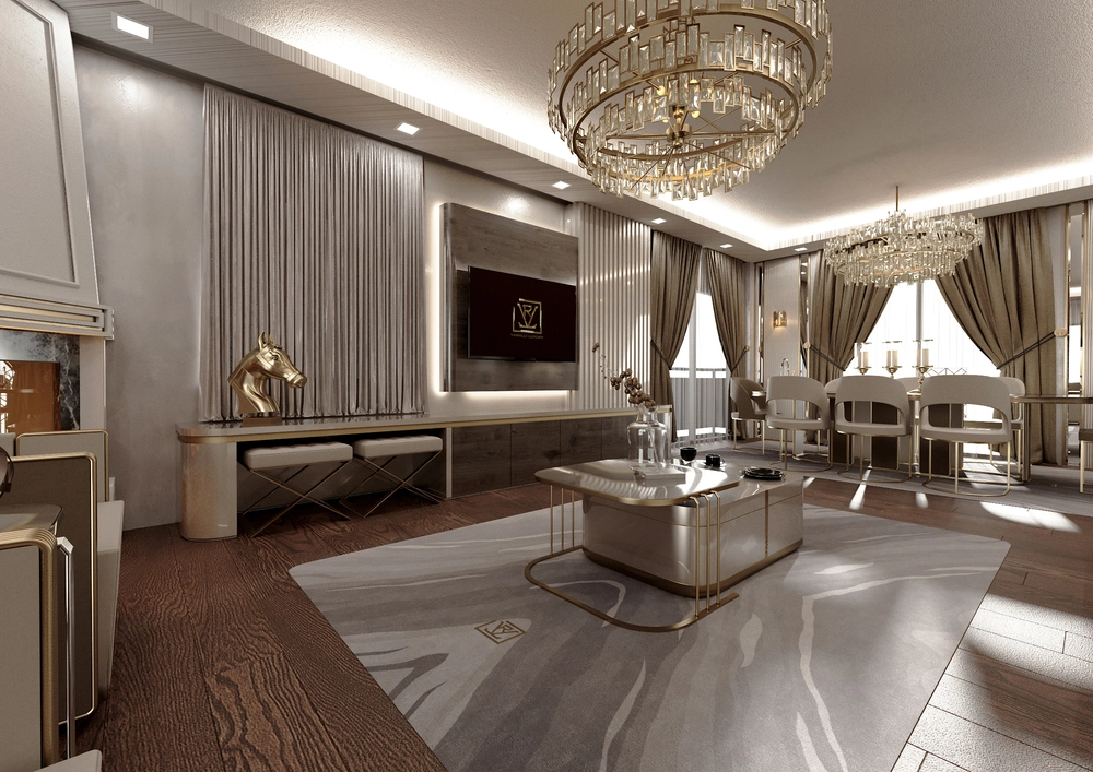 Net bir medya duvarı odağı etrafında kurgulanmış modern salon