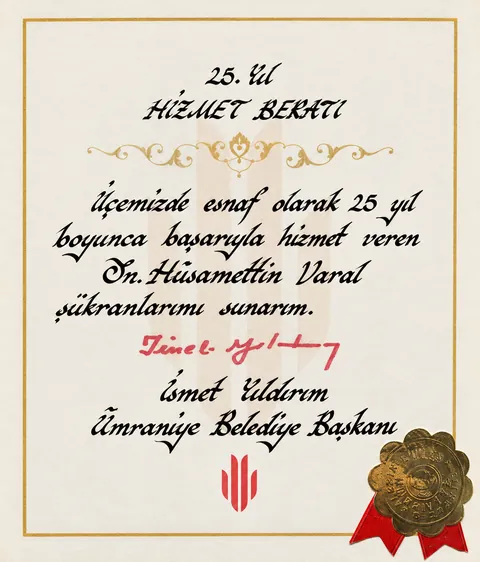 25. Yıl Hizmet Beratı, Ümraniye Belediye Başkanlığı